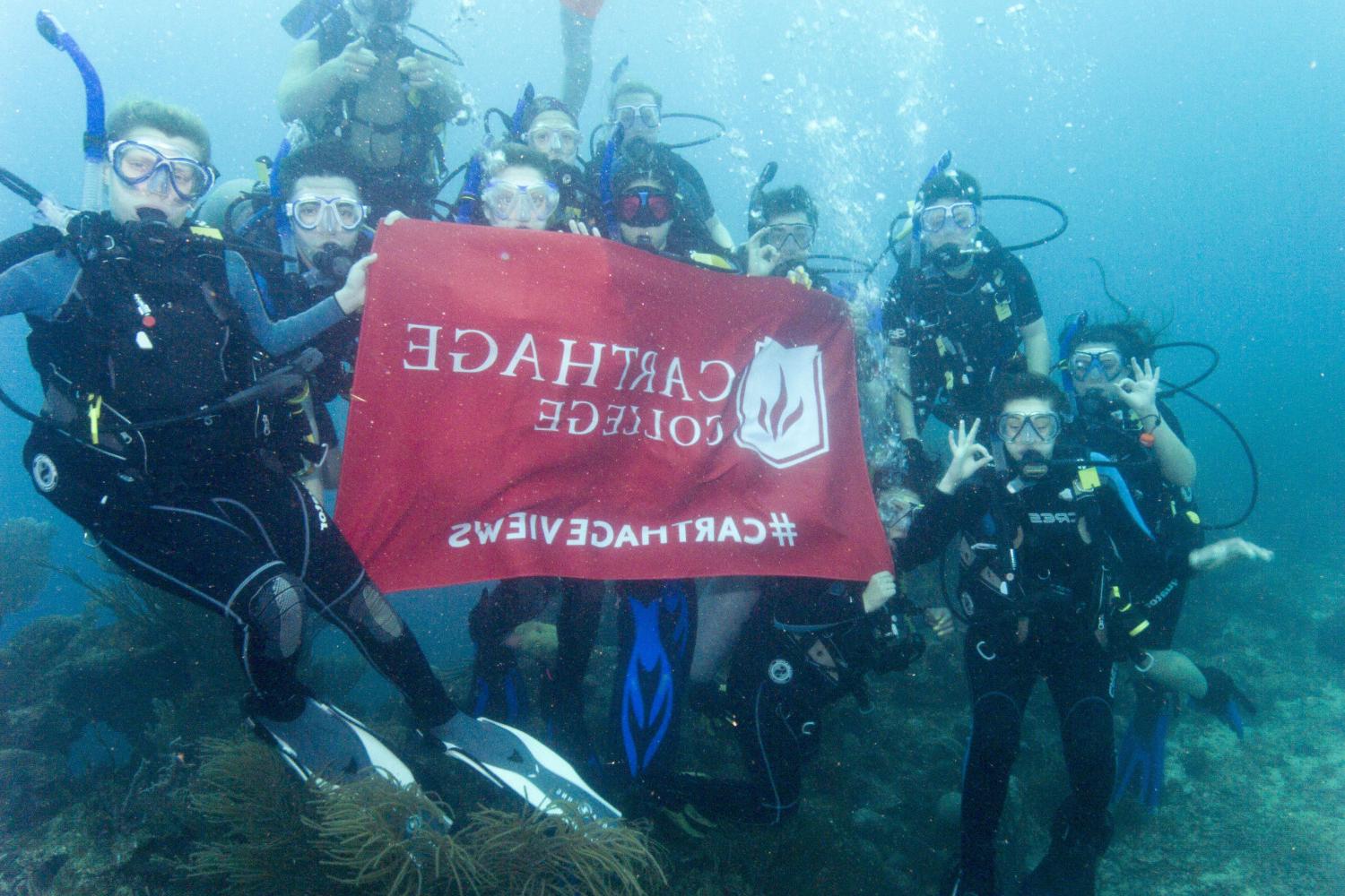 学生们手持<a href='http://uayq.drsarabar.com'>bv伟德ios下载</a>旗帜，在j学期洪都拉斯游学之旅中潜水.